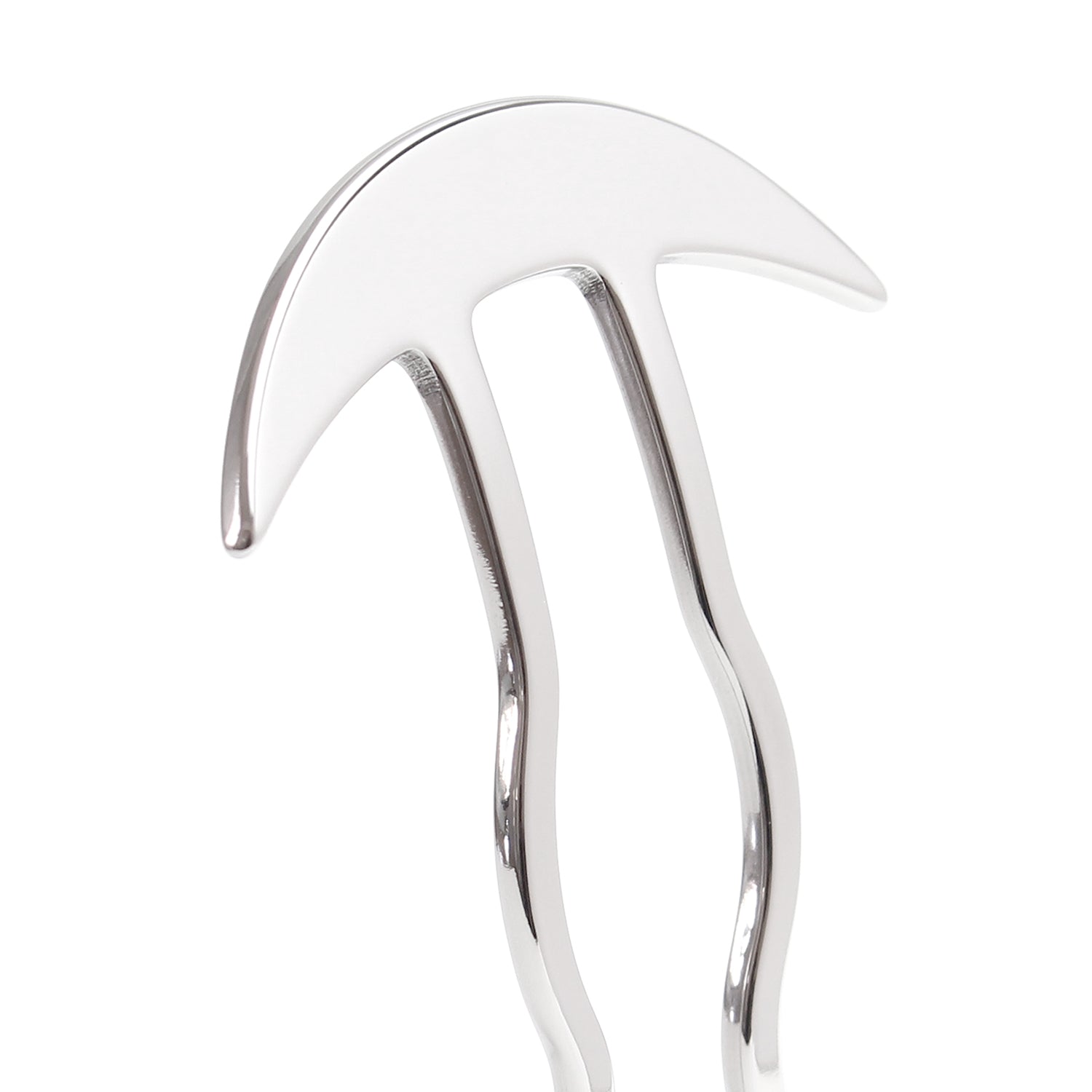 close up of a Silver kanzashi with a wave design and a cresent shape atop on a white background