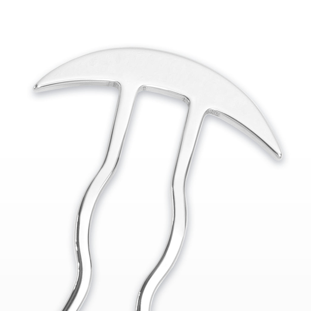 close up shot of a Silver curved hairpin on a white background